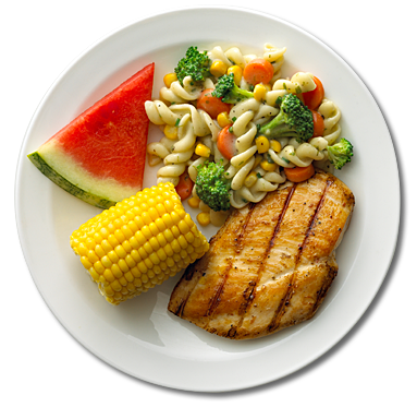 A portion-controlled plate with chicken steak, watermelon, corn, Broccoli, vegetables and salad for balanced healthy eating.