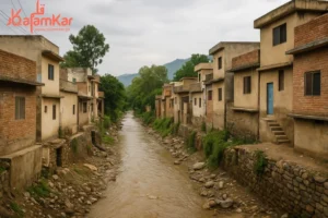 اسلام آباد کے ندی نالے کے کنارے قائم غیر قانونی تعمیرات، ناقص منصوبہ بندی اور تجاوزات کو ظاہر کرتی تصویر – قلم کار کی رپورٹ کے لیے۔